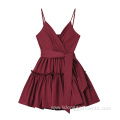 Women Fashion Burgundy Ruffles Strap Dress